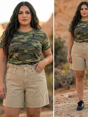 Vintage Y2K Energie Cargo Shorts Khaki Tan Cotton Elastic Waist Size L